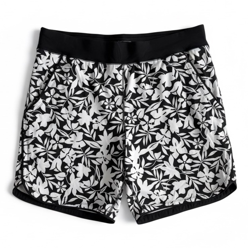 Lands’ End Floral Swim Shorts Black White Lined Athletic Beach Resort Size 16